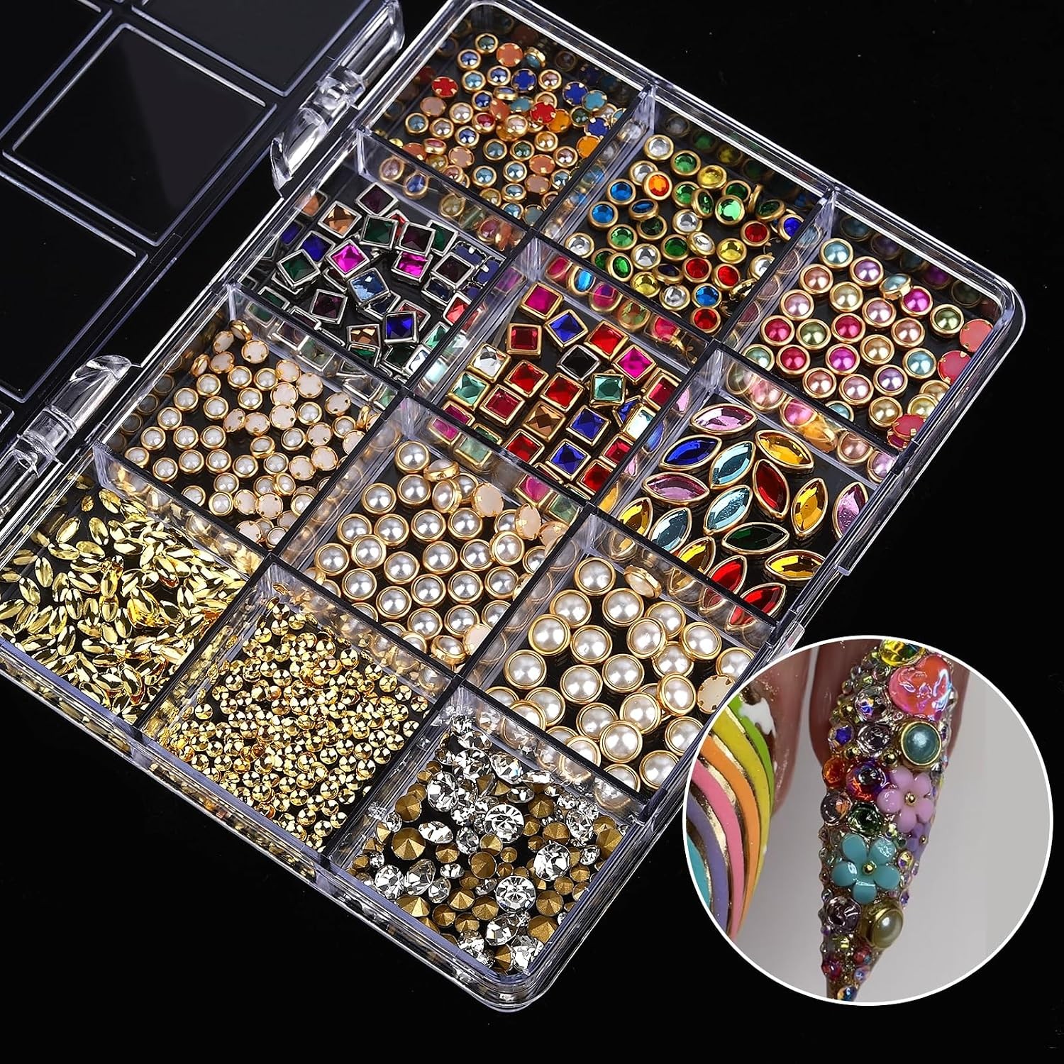 ROFIBUT 12 Grids 3D Luxury Nail Charms: Colorful Metal Diamond Nail Art