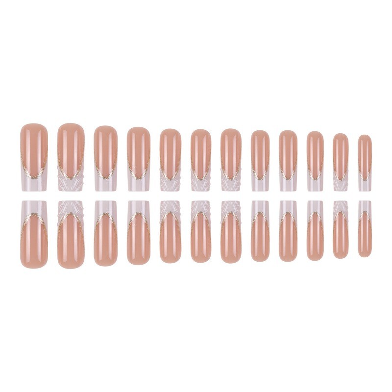 48pcs-Long Coffin Press on Nails, Nude Pink with 3D White Ribbon & Gold Lining