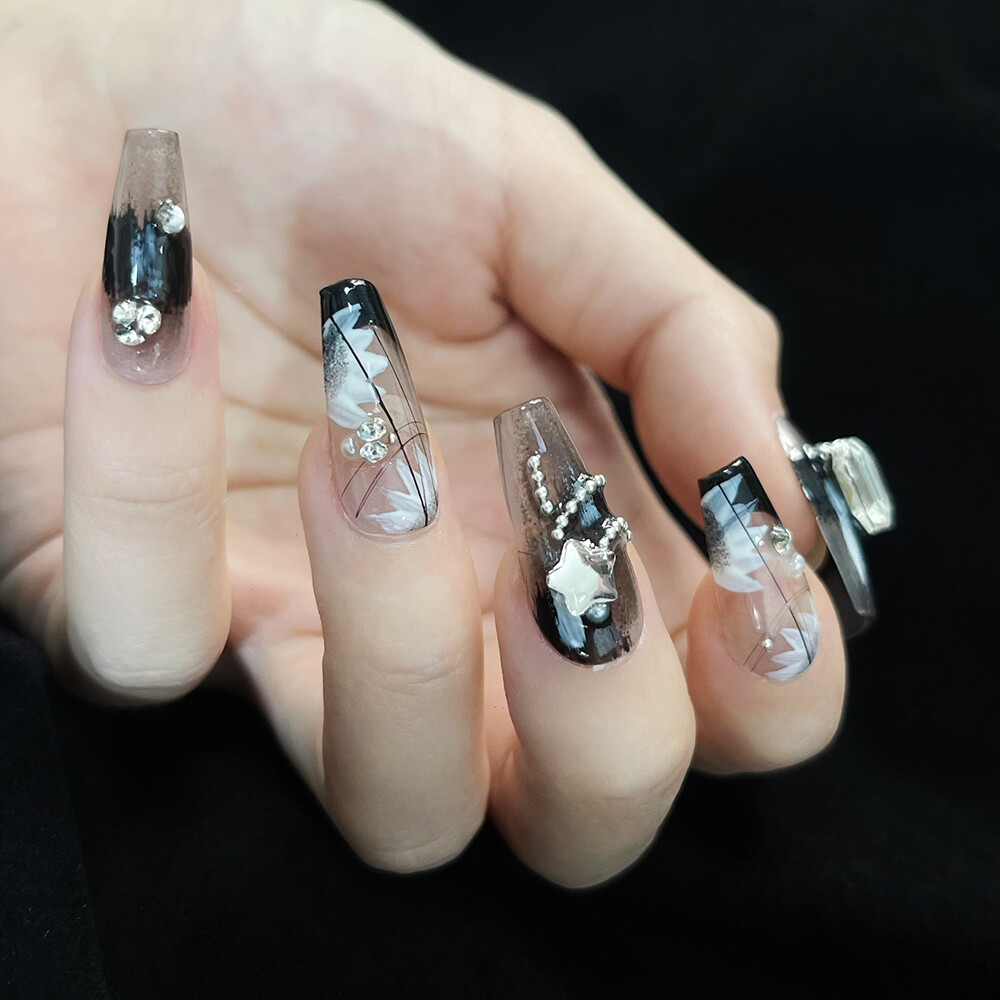 Handmade Press On Nails Medium Coffin,Black nail art,diamonds,Hand Drawn Flowers