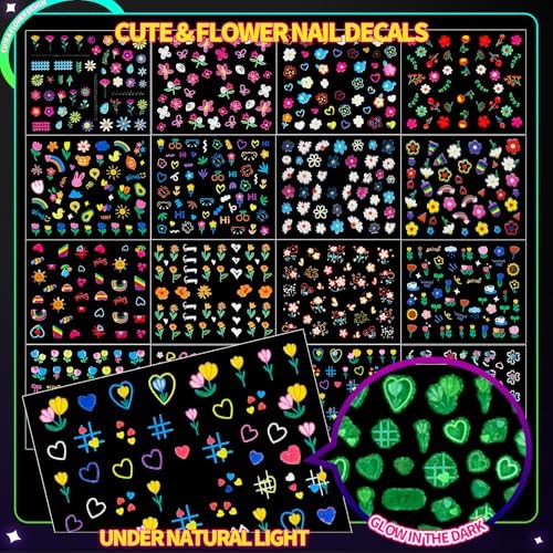 50 Sheets Glow in The Dark Nail Stickers for Kids, Girls Flower Art