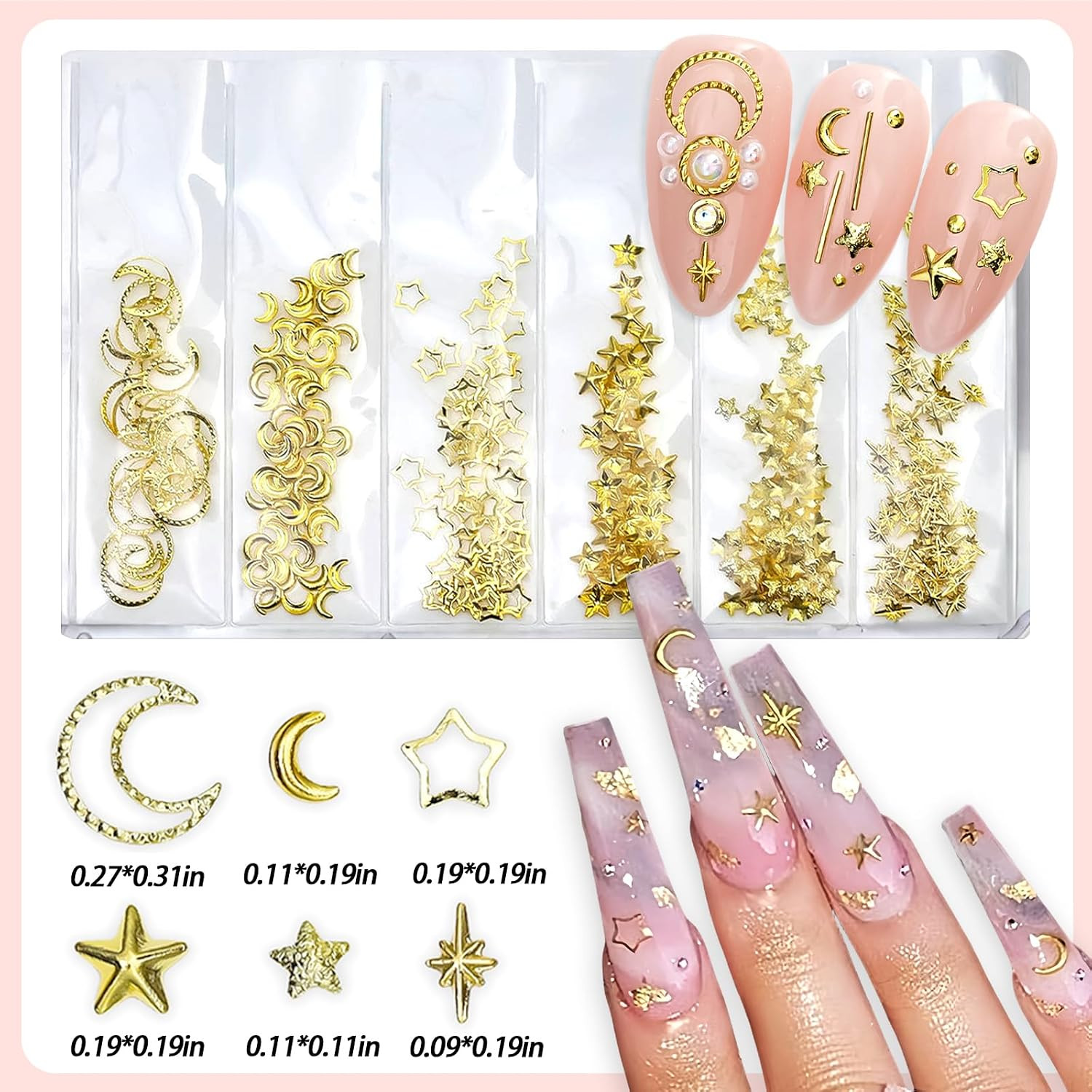 600Pcs 3D Gold Star Moon Nail Art Rhinestones Metal Star Moon Nail Charms Multi-
