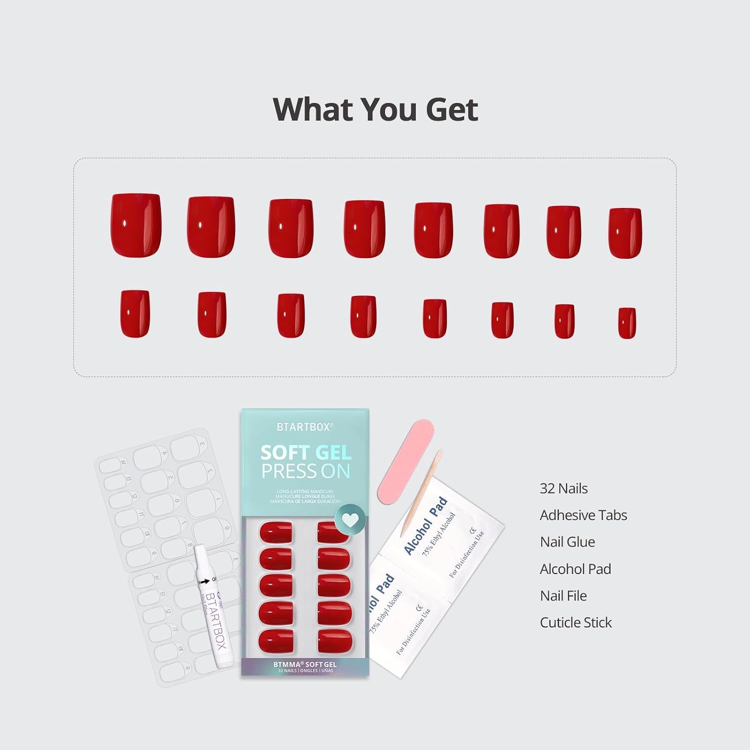 Press On Nails, Hot Lap, Short Square, Summer Red Nails, 32Ct | 2+ Weeks Wear,