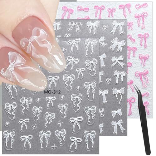 3sheets 5D Embossed Bow Nail Stickers for Nail Art Self-Adhesive Bow Nail
