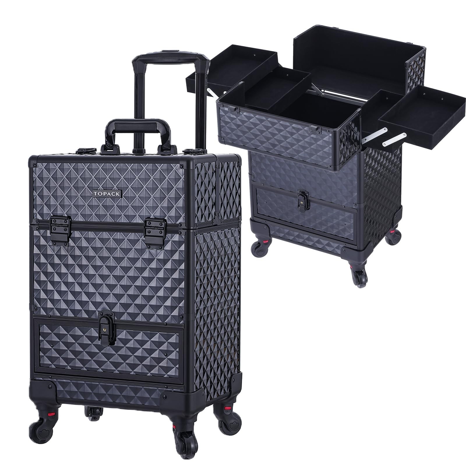 TOPACK Rolling Makeup Train Case,360°Rotaing Wheel Aluminum Cosmetic Case w