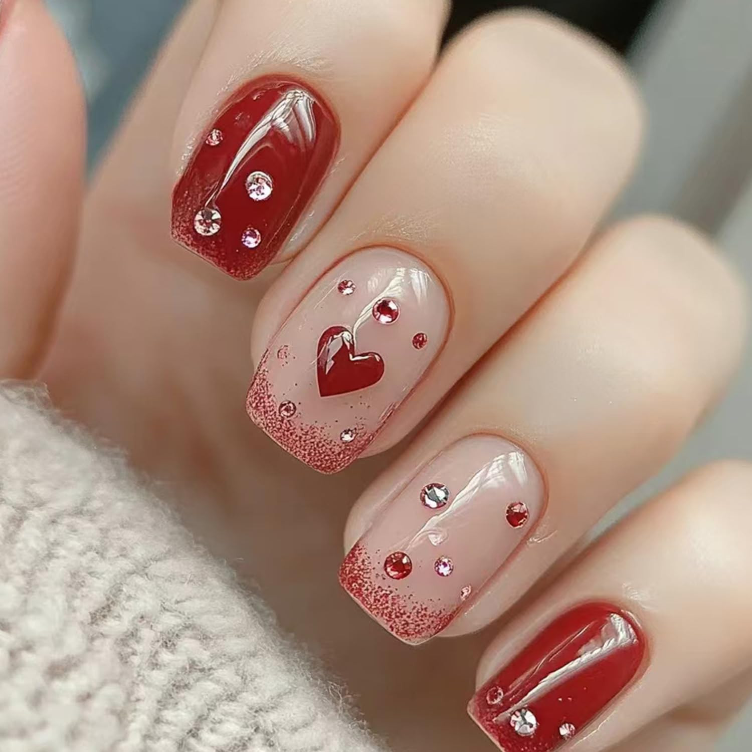 24Pcs Valentines Press on Nails Short Square Artificial Acrylic French White Tip