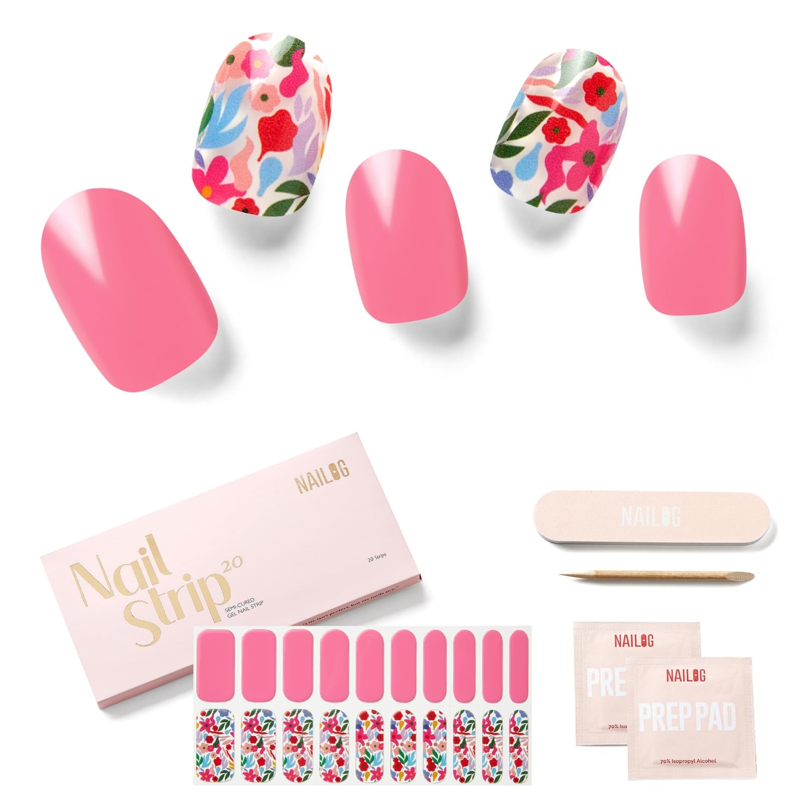 Semi Cured Gel Nail Strips, 20 Pcs Pink Flowers Long Lasting Stickers Extra L…
