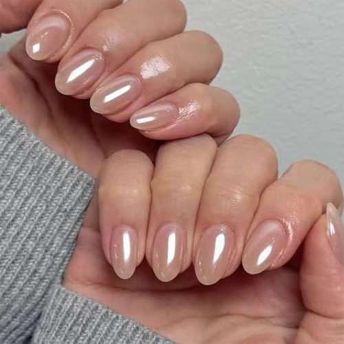 Pearl Chrome Press on Nails Short Almond Fake Nails Nude Nails Style-A Style-40