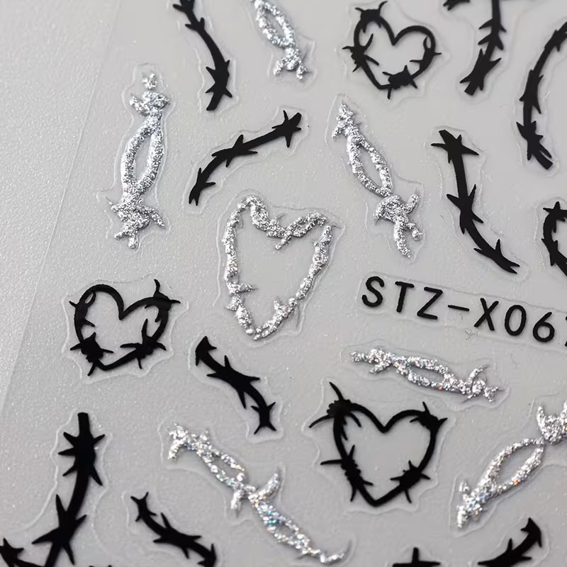 Black Heart & Thorn Nail Art Stickers Gothic Silvery Pattern Self-Adhesive
