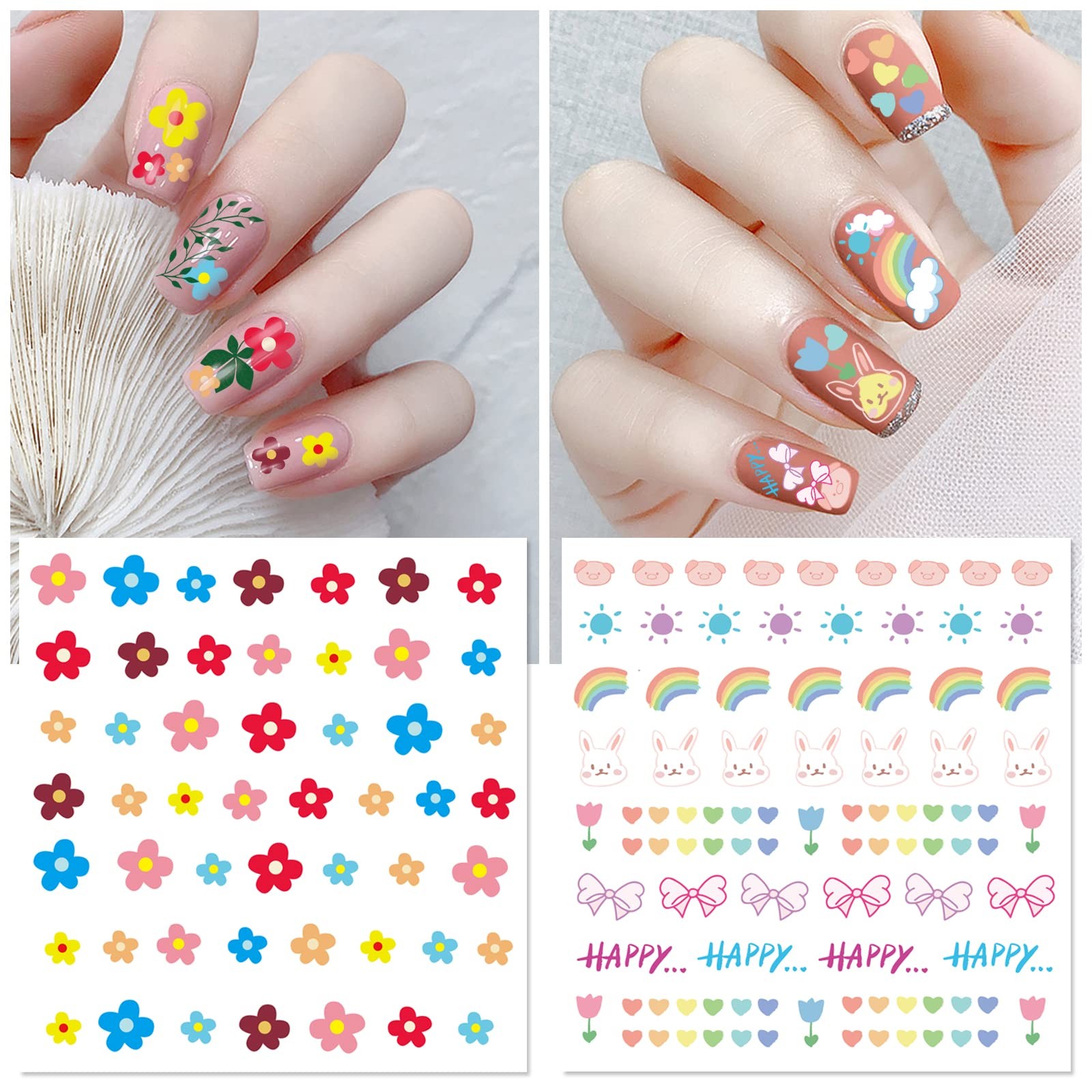 24 Sheets Nail Stickers for Girls Women and Kids, Nail Art Stickers Bunny Pen…