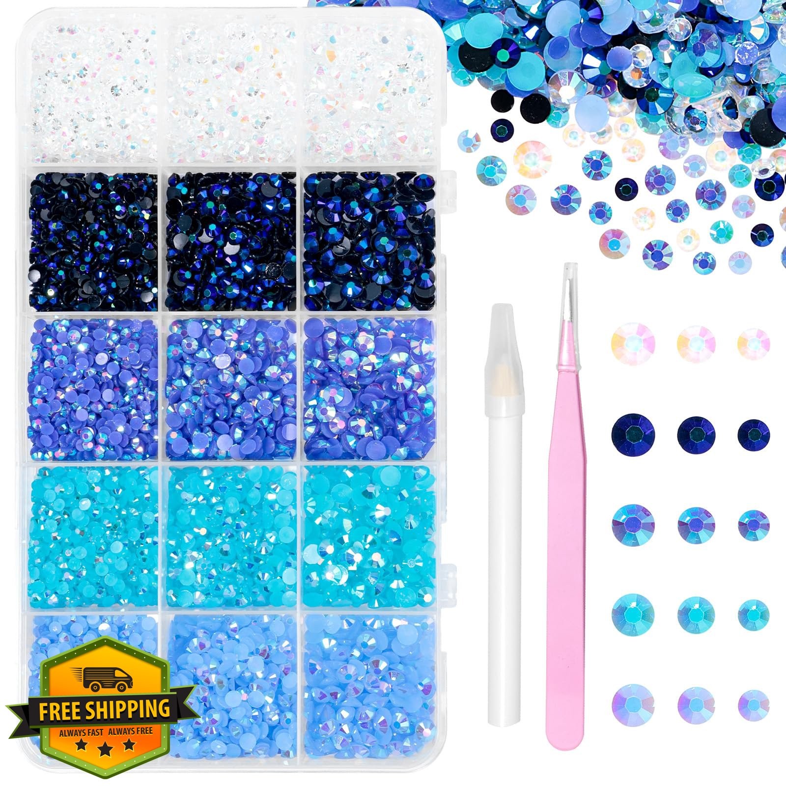 12000 Pcs Resin Jelly Rhinestones Blue Flatback Gems Crafting Multi Sizes