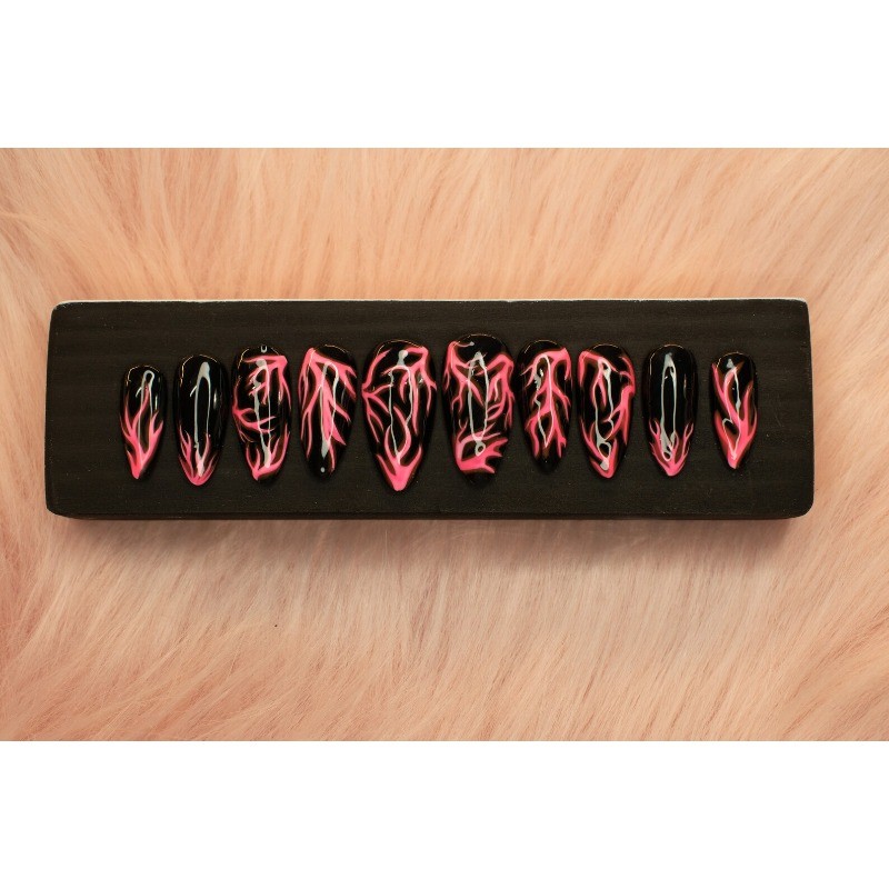 Pink Flame Handmade Press on Nails Black Base Swirl Dark Trendy Gloss Fake Nails