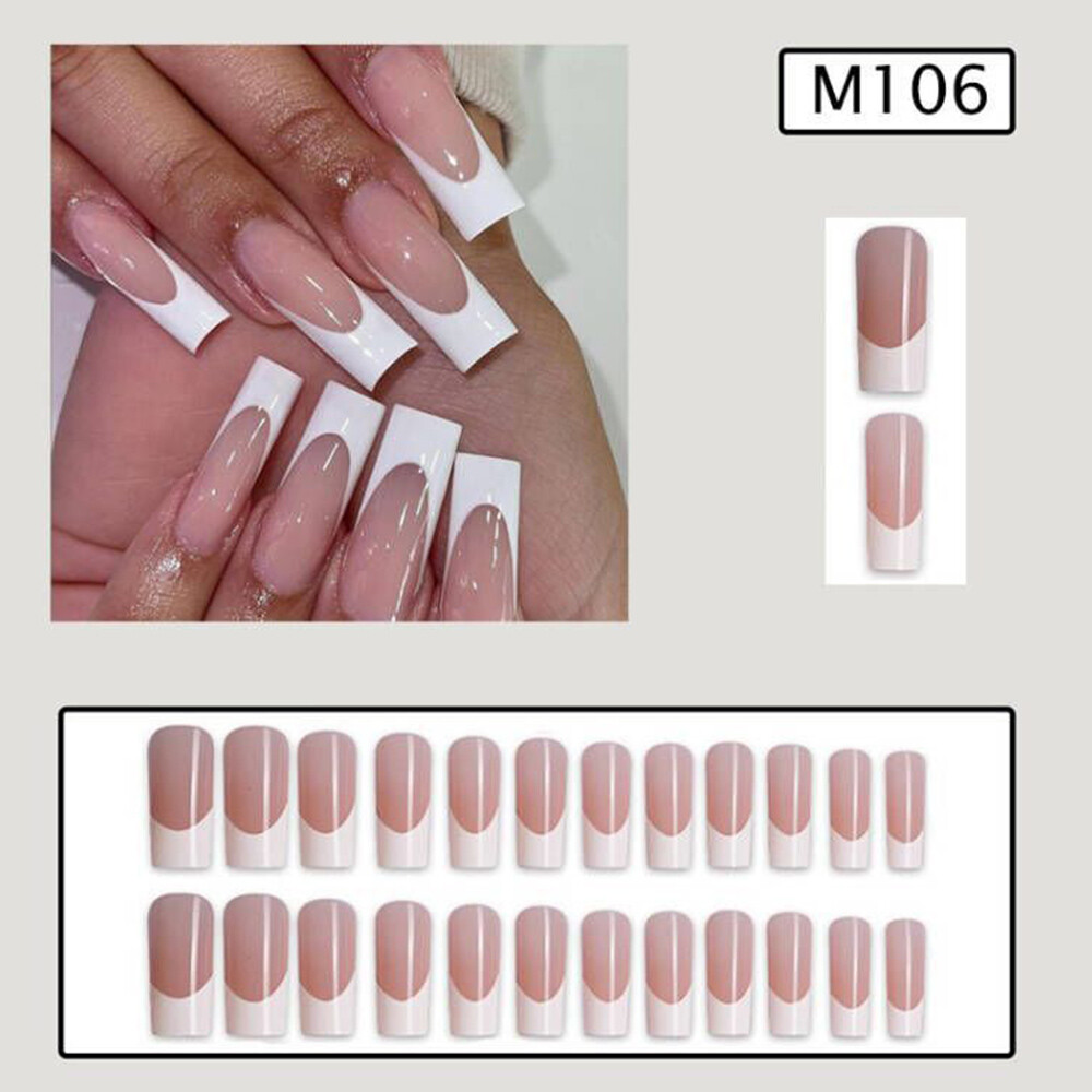 24pc long Square False Nails French Manicure Fake Tips Press On Full Cover Nails
