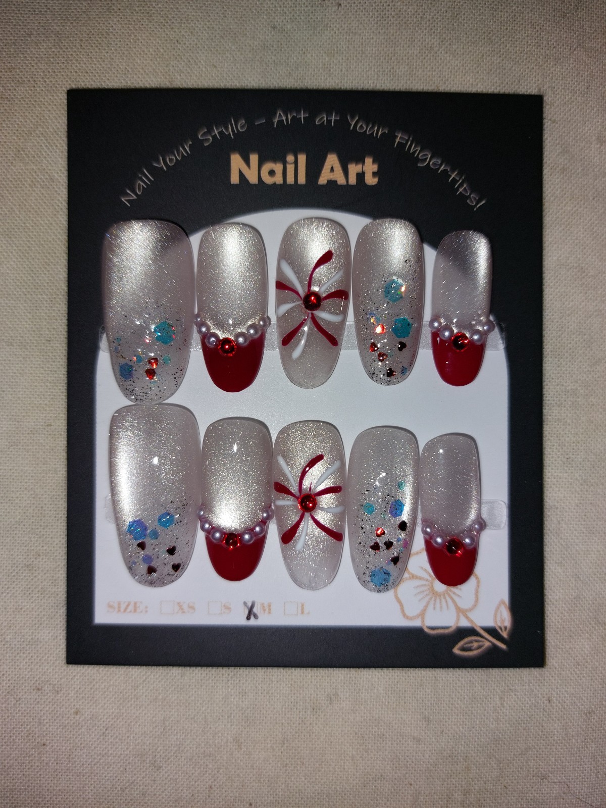 handmade press on nails Round/Almond Shape Size Medium With 3-D Jewels. Lot Of 4