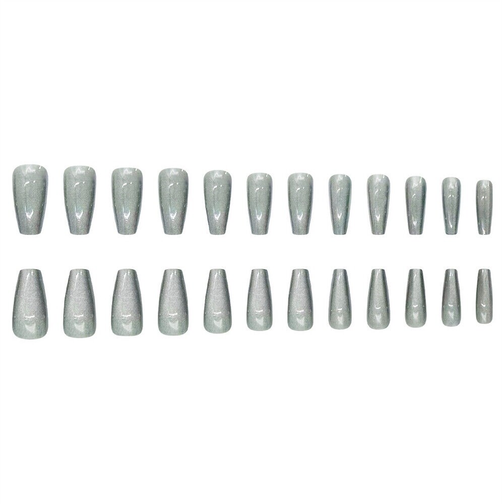 Medium Coffin Press-On Fake Nail Luxurious Gray White Cat’s Eye Manicure 24pcs