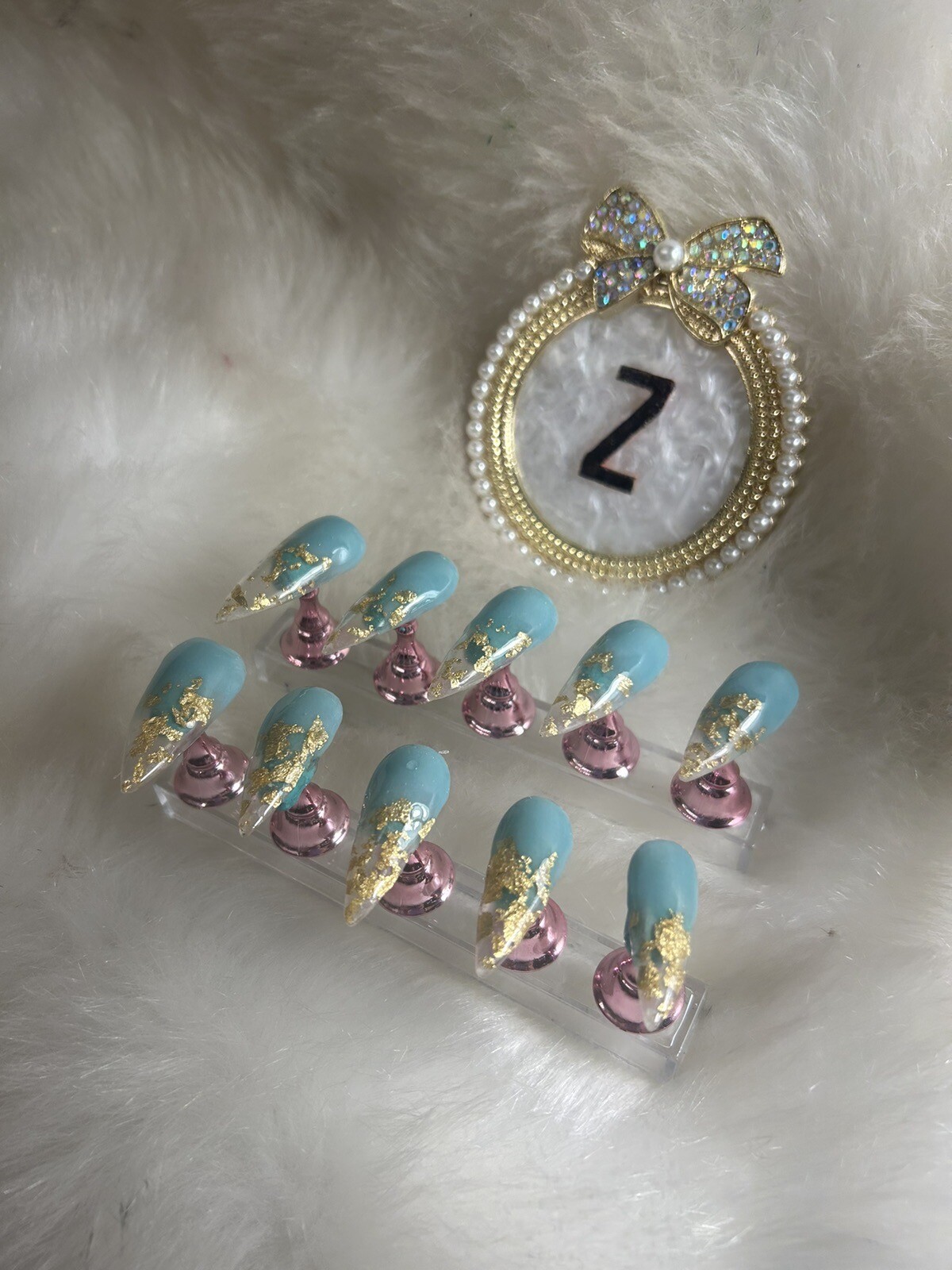 Z NAILZ! Handmade L Stiletto Mint Green/Clear With Gold Flakes Press On Nails