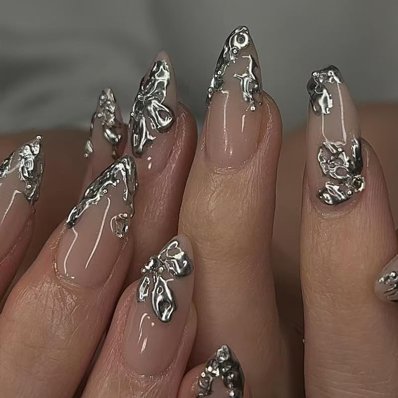 Almond Press on Nails Silver Fake French Tip False Medium, Style 6