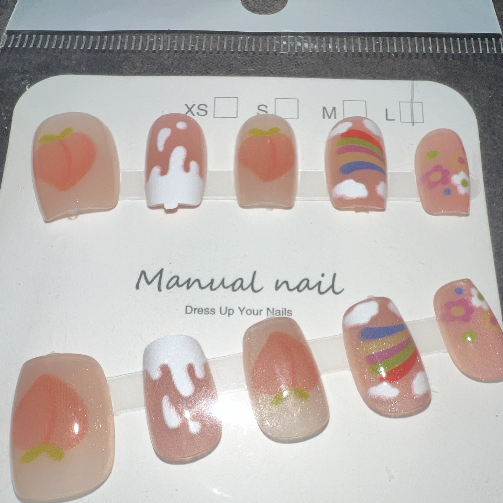 Manual nail Short Square Press-On Nails Full Cover Peach/Nude Glossy Fruit/Rain…