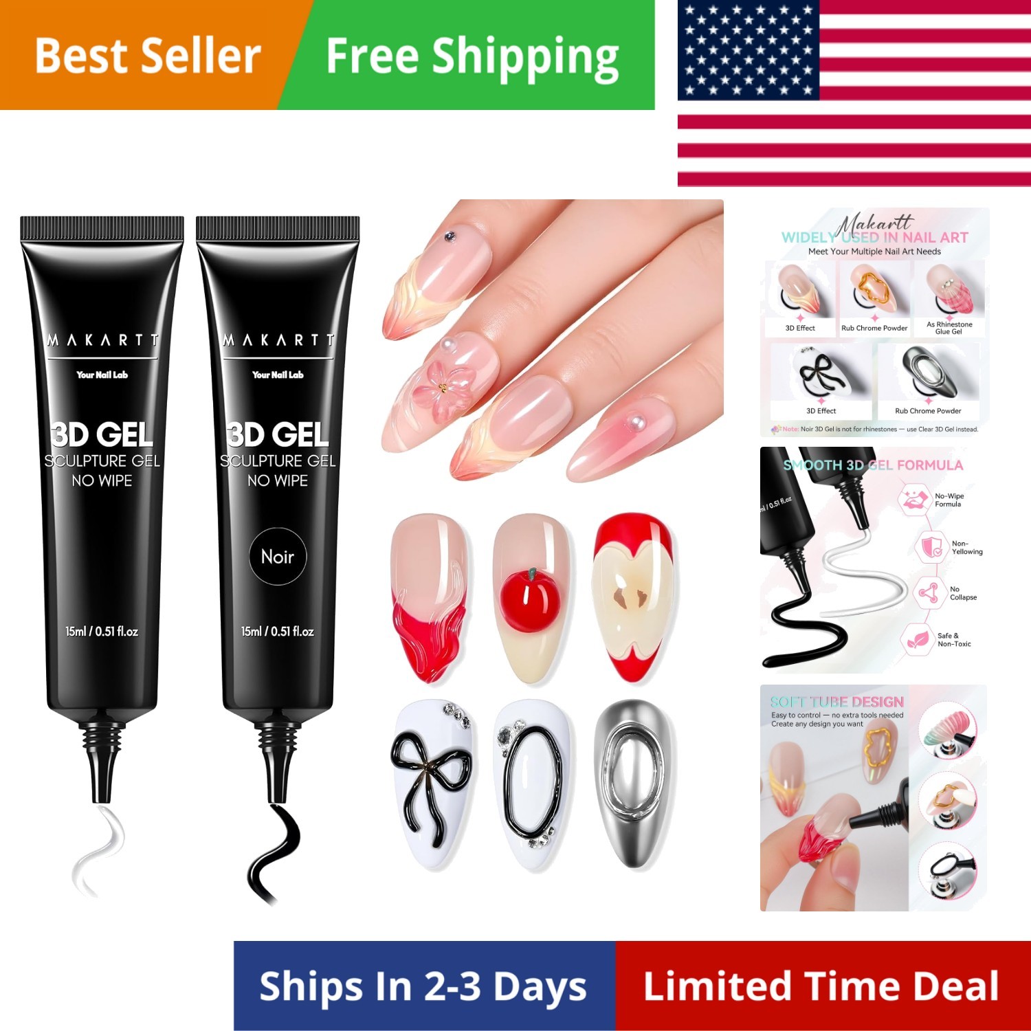 3D Gel Nail Art Set – Clear & Noir Sculpting Gel for DIY Embossed Nail Design…