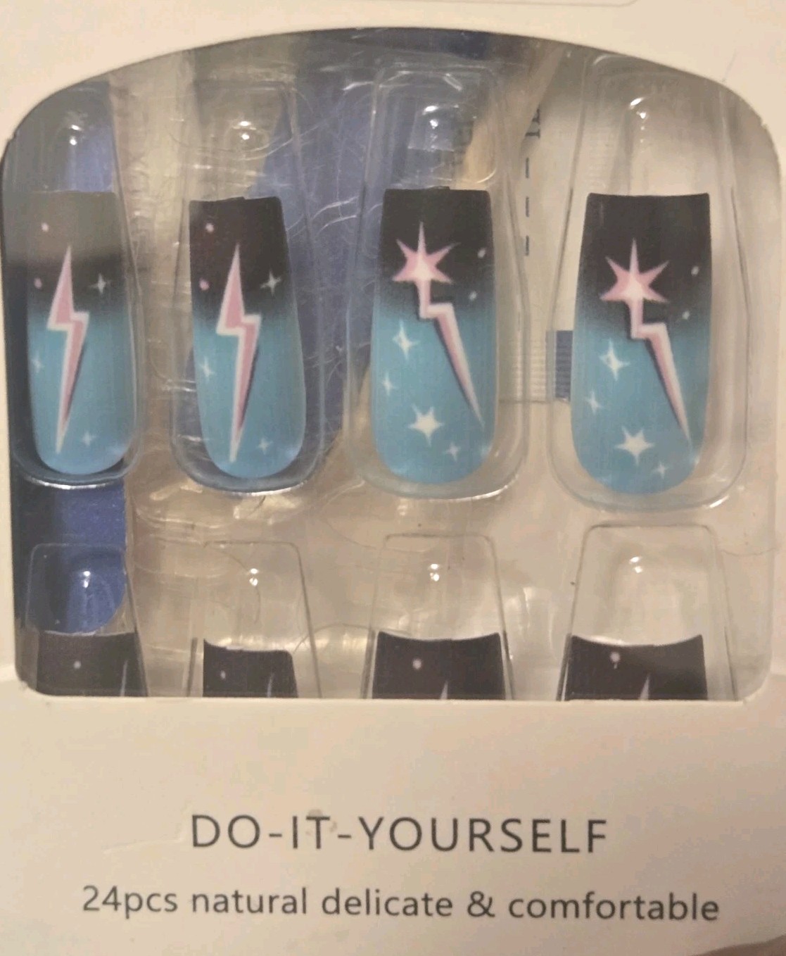 uñas postizas decoradas Negro Azul Galaxy/ Decorated false nails—easy to apply