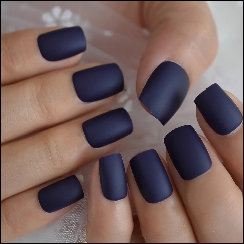 24 Dark Matte Blue short press on nails kit glue sey diy square goth emo punk