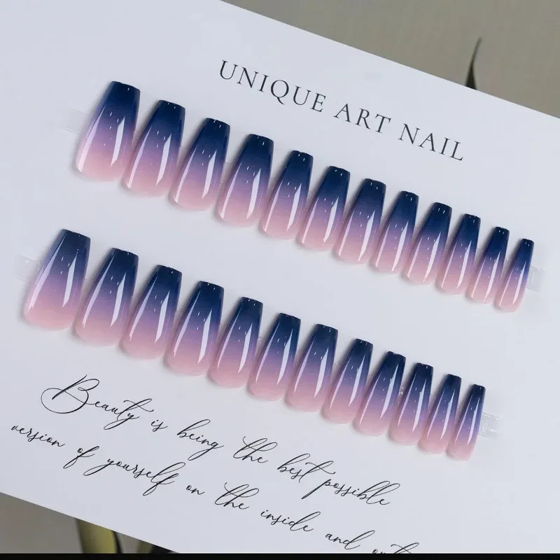 24 Pcs Long Coffin Square Press On Nails Purple Blue Gradient Fake Nails Full