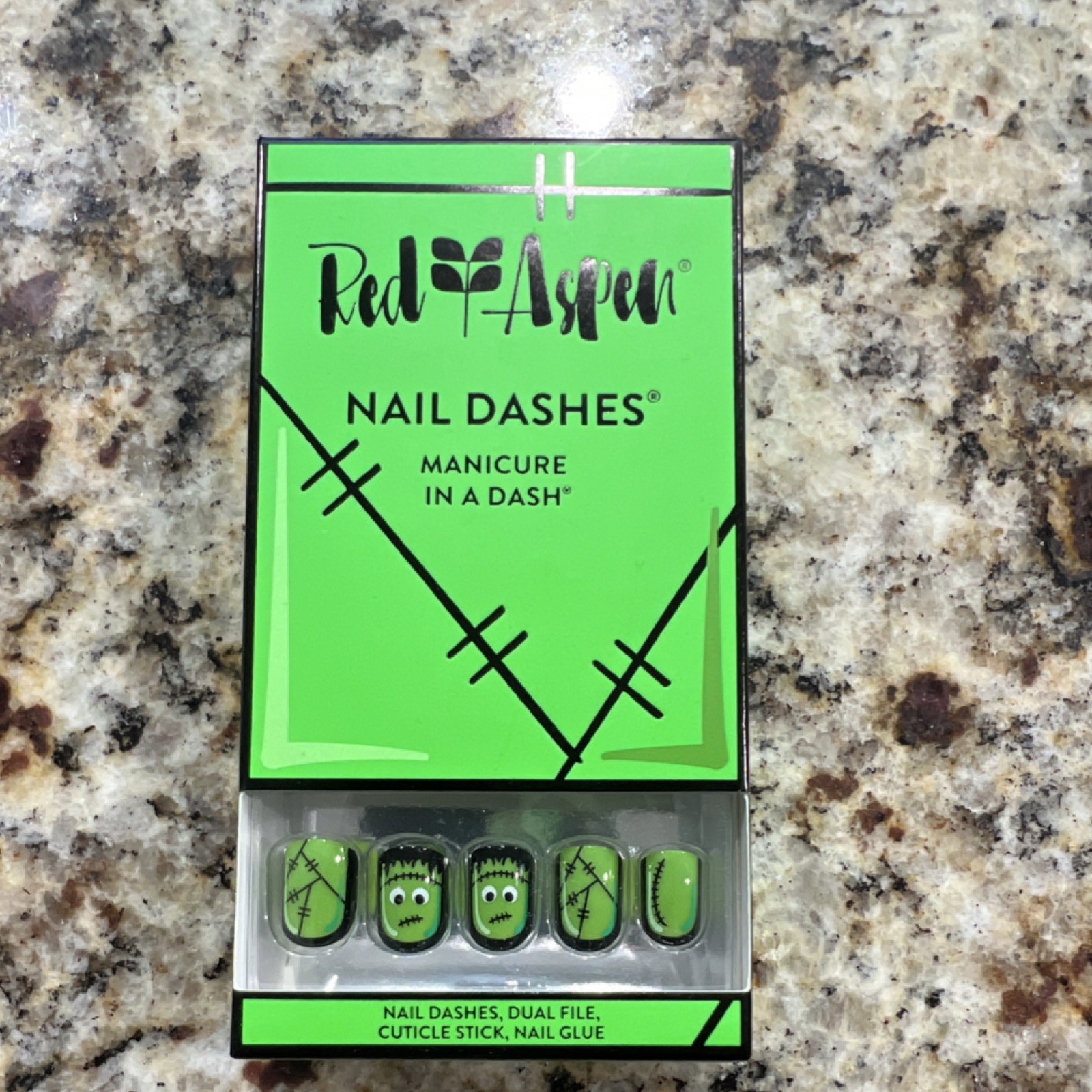 Red Aspen Press-On Nails Green Black Halloween Shiny Square Full Cover Glue