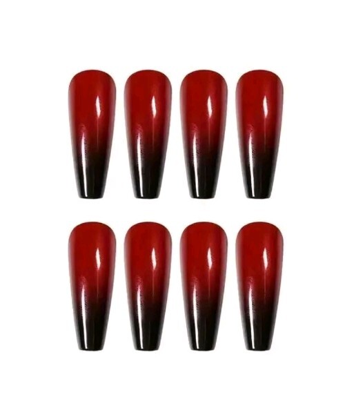 Press On Nails Medium Long Coffin Shaped, Red And Black Fake Nails Kit Gradient