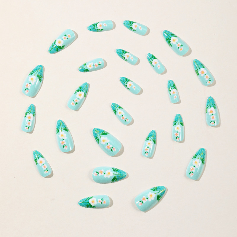 48Pcs Almond Mint Green 3D Floral Press on Nails Sweet Elegant Daily Dating Wear