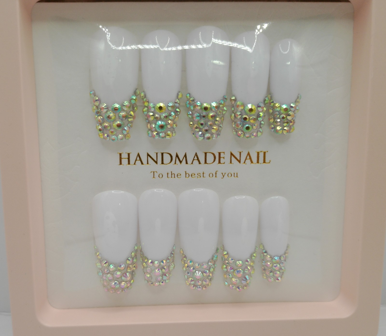 Long Coffin Press-On Nails, White with Aurora Gems – Large