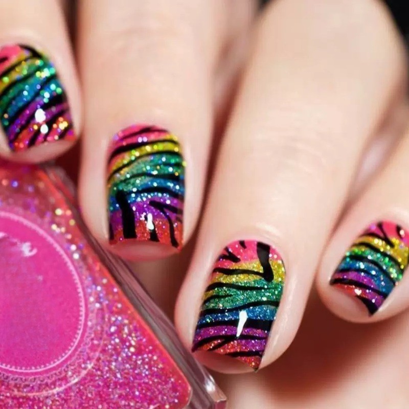 72Pcs-Rainbow Glitter Zebra Stripe Short Square Cute Y2K Press on Nails