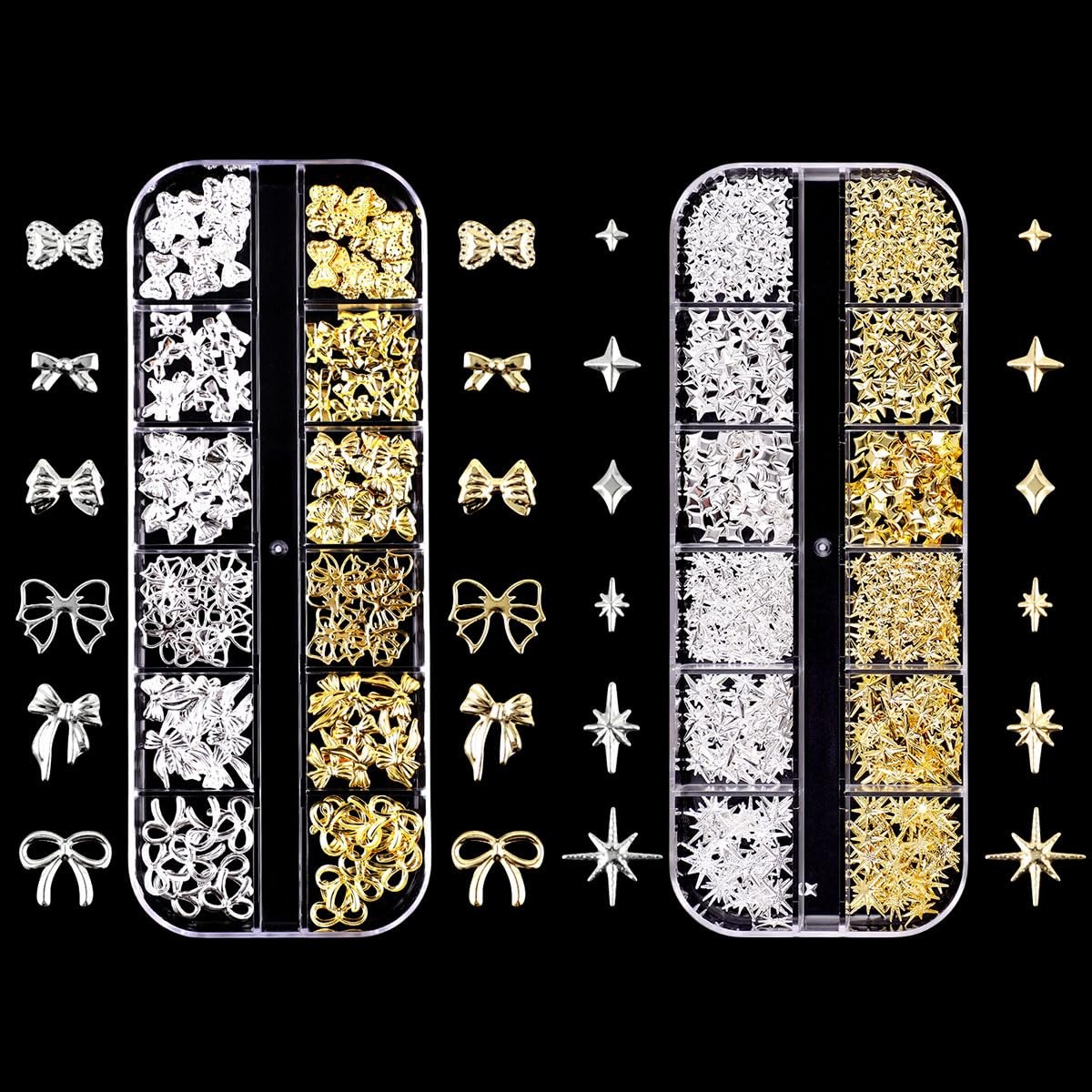 Gold Silver 3D Nail Charms 2Boxes 24Grids Bow Star Nail Gems Nail Studs Punk