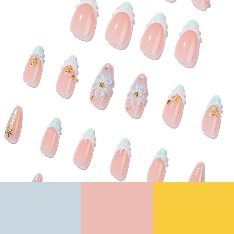 48pcs Stiletto Press on Nails, Light Blue French 3D Flower Gold Starfish Nails