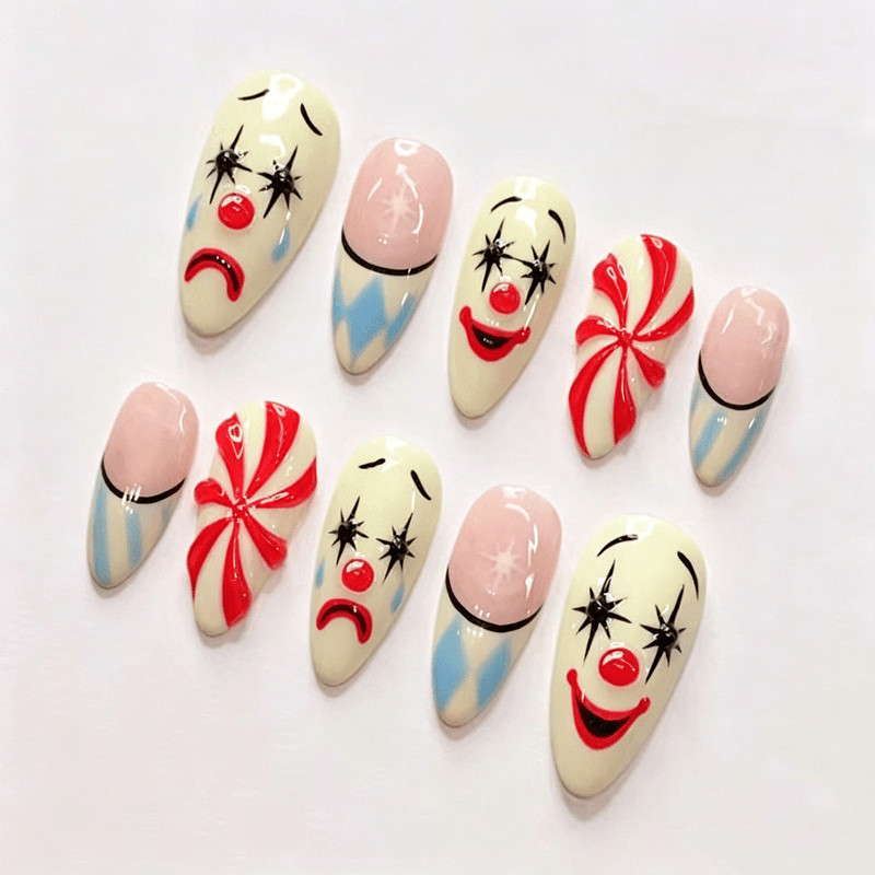 48 Pcs Clown Candy Print Press on Nails, Medium Almond Beige Trendy Fake Nails