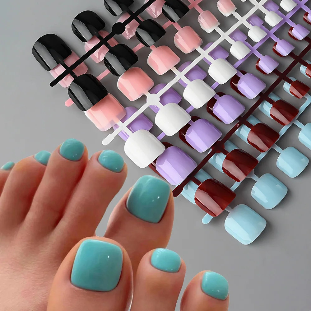 144Pcs Short Square False Toe Nails Lake Blue/White/Red/Nude Press on Toenails G