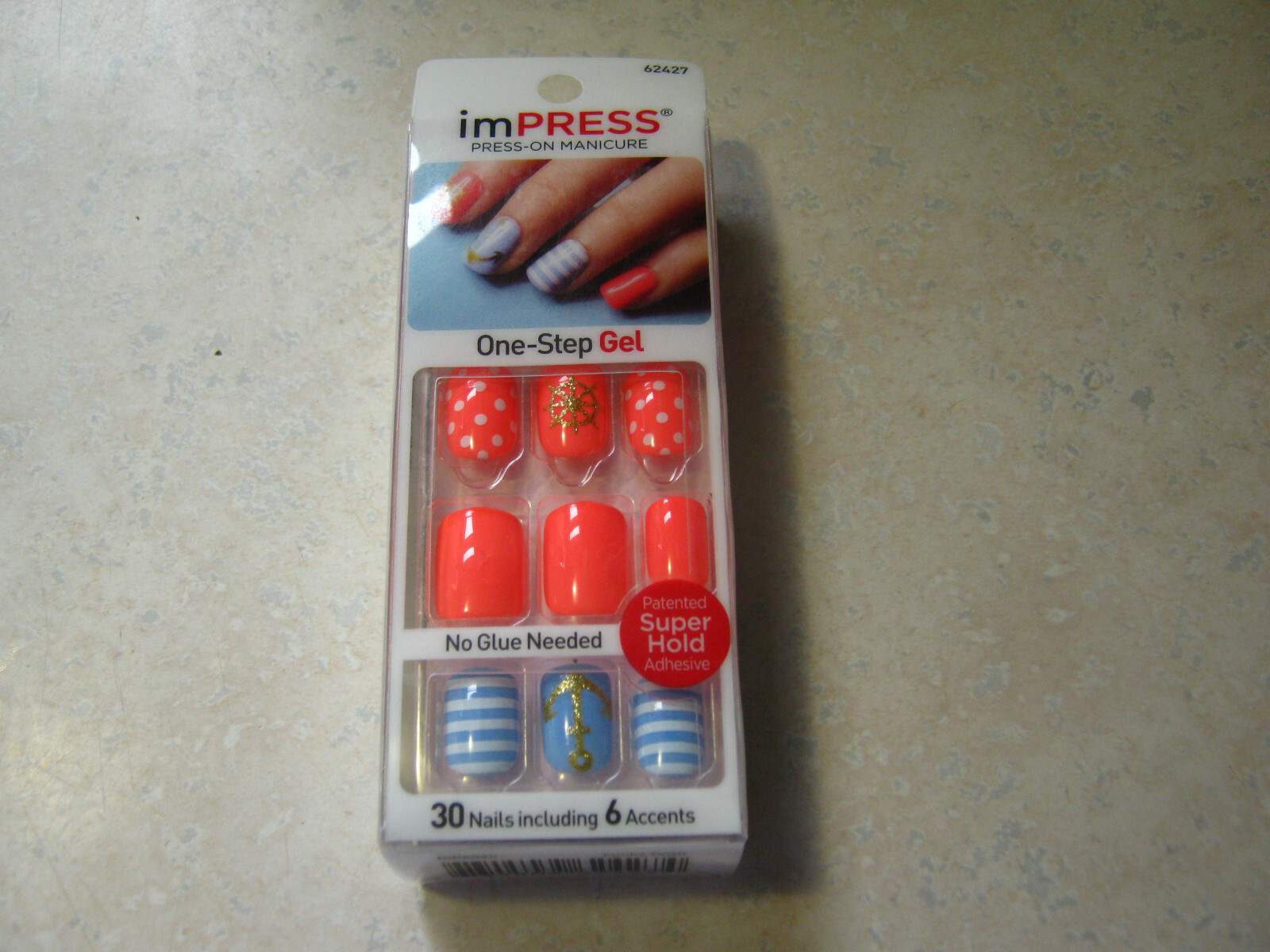 2 Impress FUNKY TOWN Press-On 30 Nails Anchor Nautical Orange Blue Ship 62427