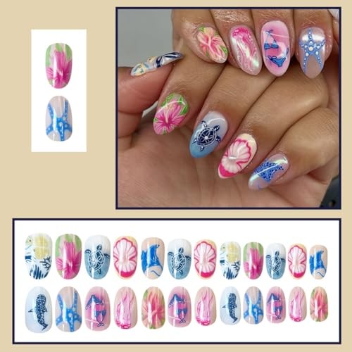 24Pcs Ocean Life Press on Nails – Short Almond Fake Nails XF-088