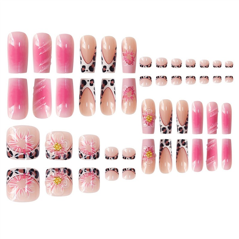 Sweet Leopard Print French 3D Flower Gradient Square Press On Nails 48PCS