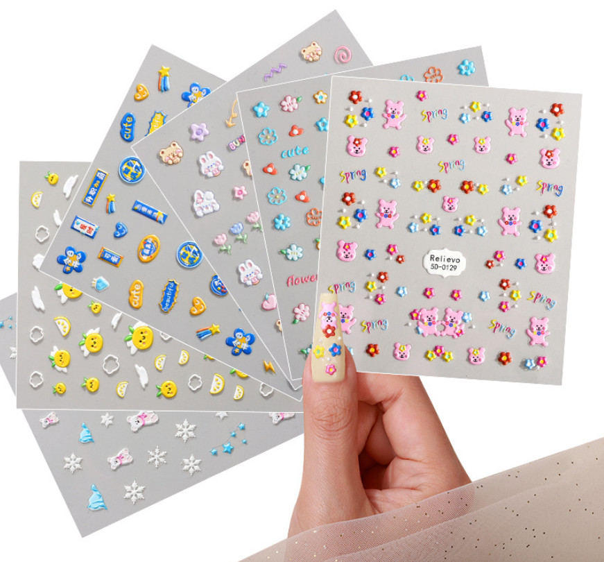 5D Embossed Petal Daisy Flower Heart Bear Snowflake Nail Stickers Manicure NS54
