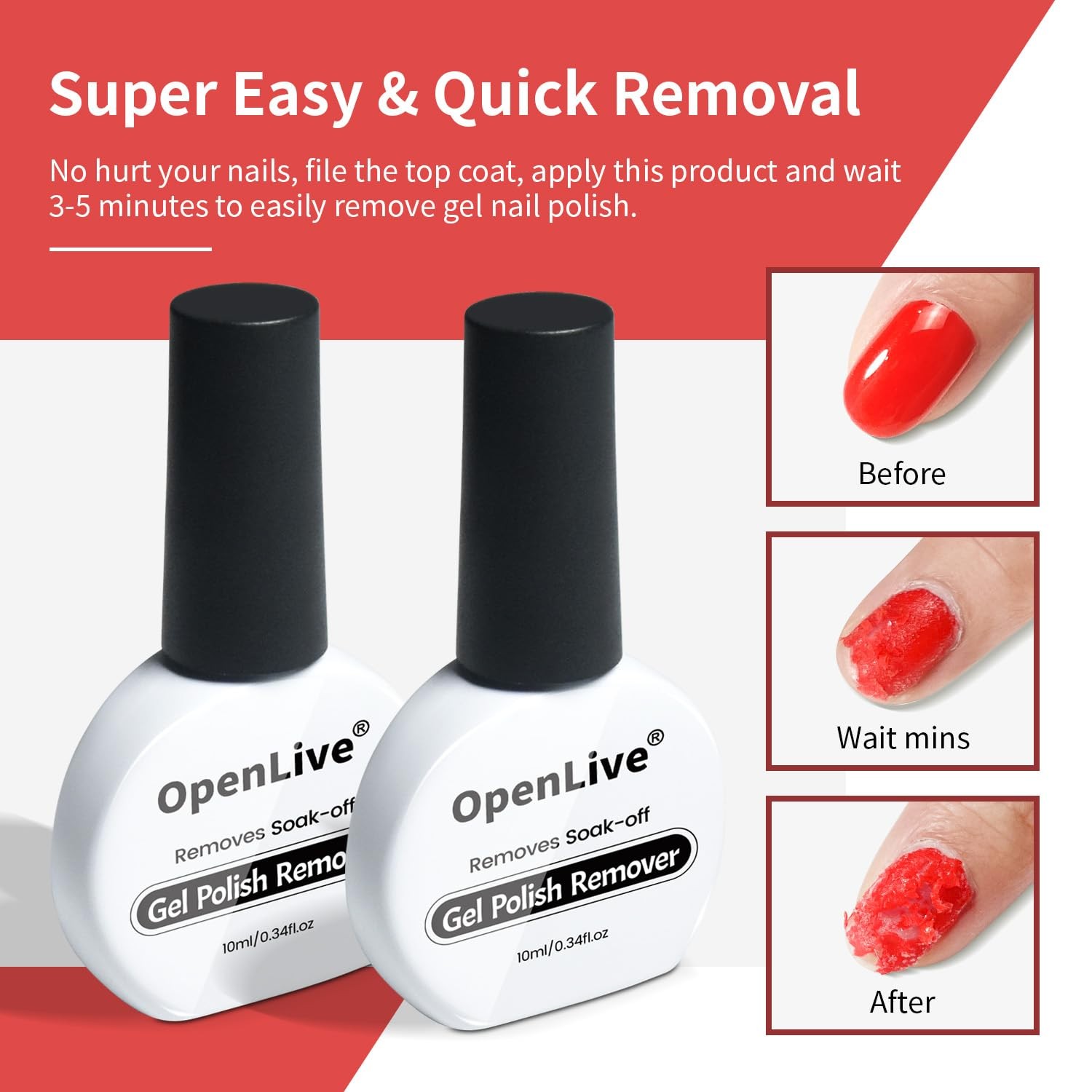 OPENLIVE 2 Bottles of 10ml Nail Gel Quick Remover, 0.17 Fl Oz (Pack 2), 3A