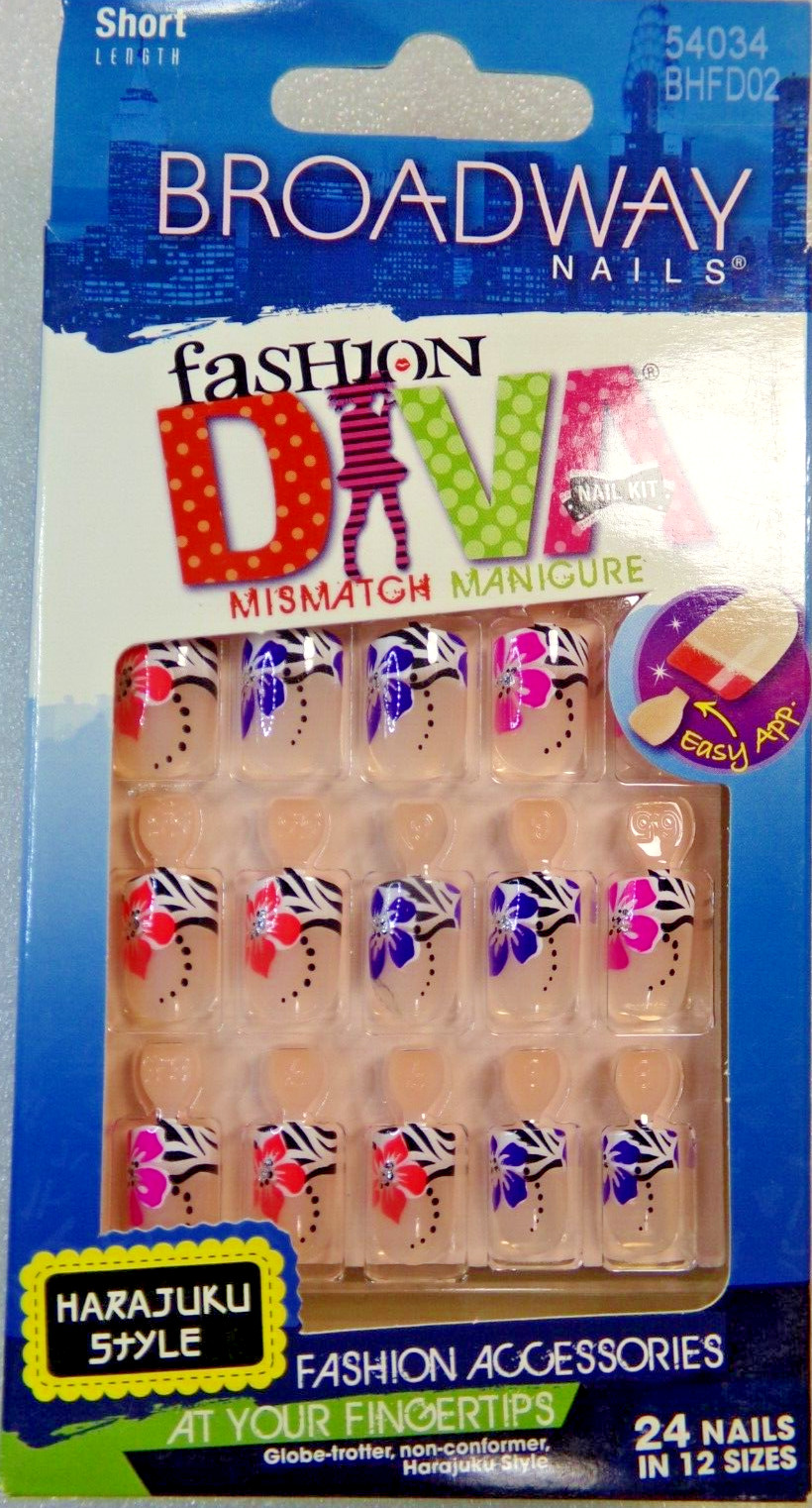 BROADWAY FOR KISS NAILS GLUE ON Short – Hibiscus Flower Pink Purple Coral