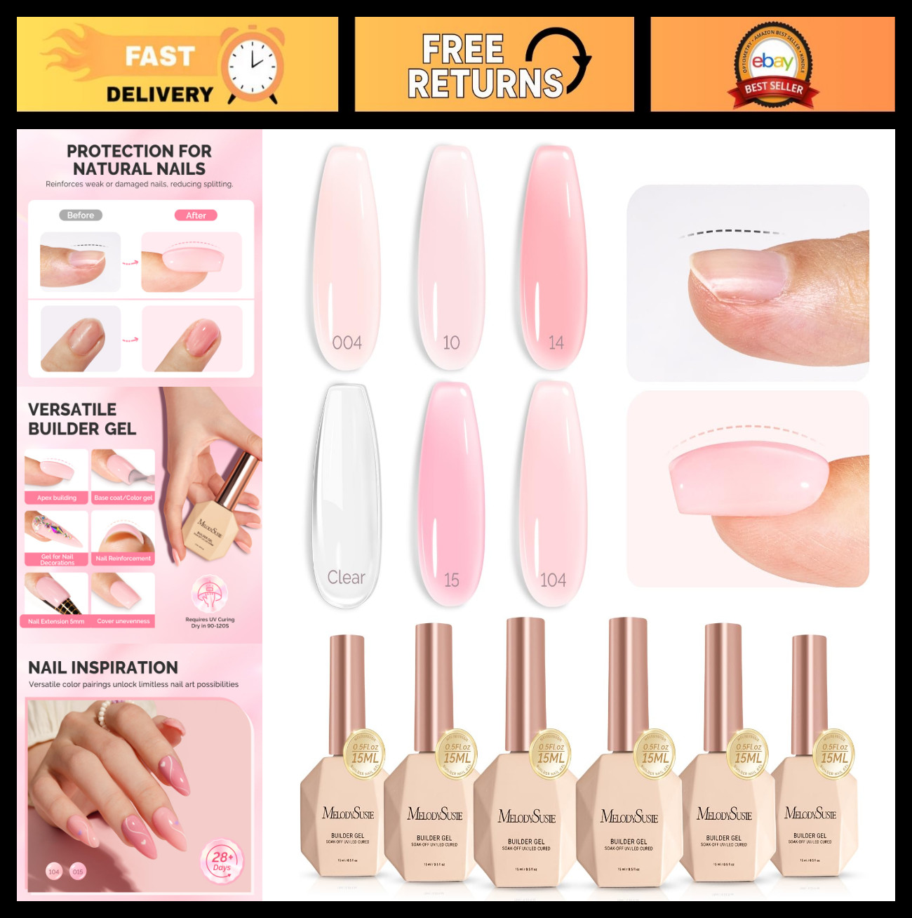6PCS Builder Gel Nail Set – Thick Pink Base, Clear Rubber Gel, Soak Off UV, Rhin