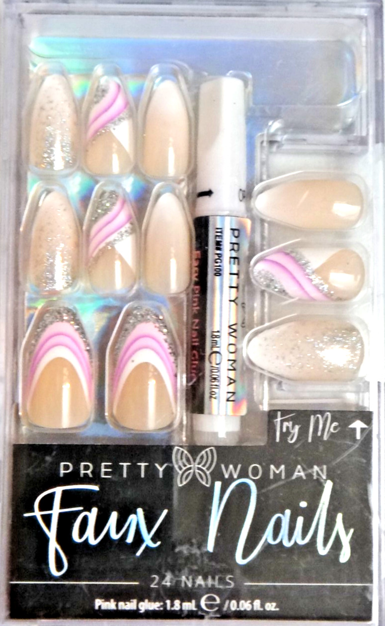 Pretty Women 24 Natural Faux Nails Pink Nail Glue – French Almond Silver Glitter