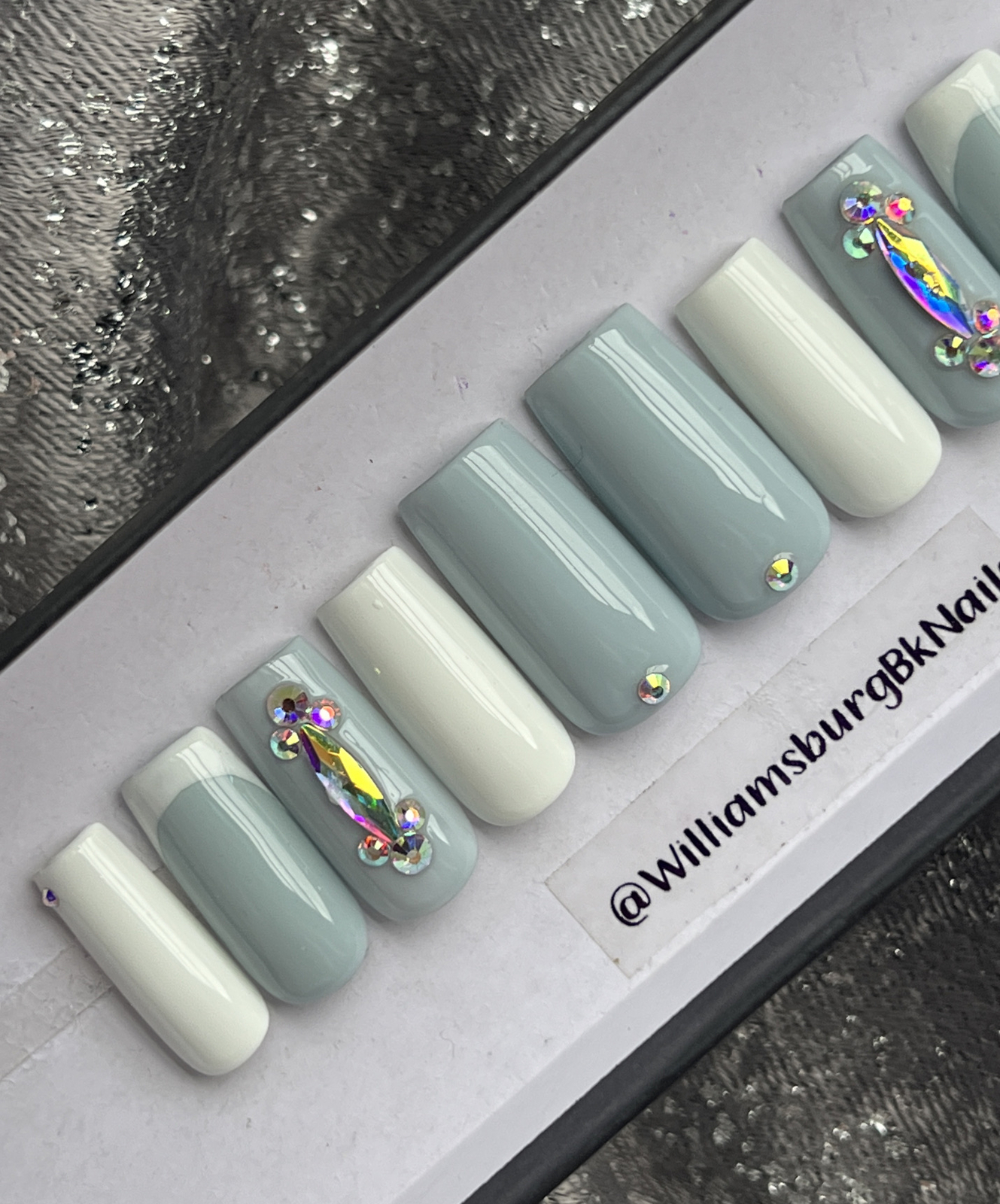 💎 CUSTOM Gel press On Nails, BLUE GREY BLING , Med Square 10p Set With FULL KIT