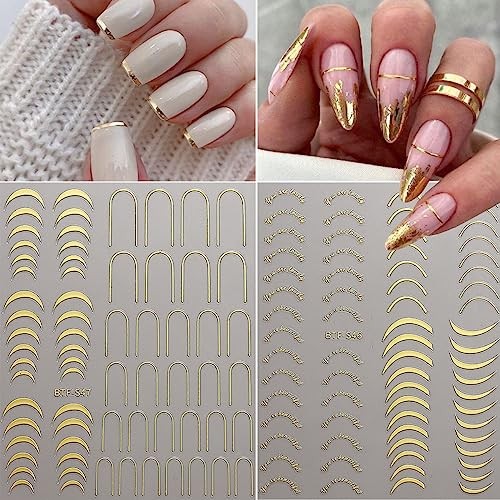 6 Sheets Shiny French Line Nail Art Stickers Decals 3D Glitter Gold Colorful -6