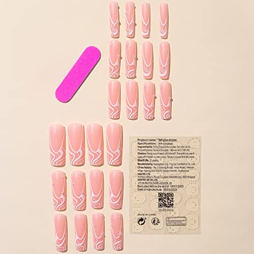 Extra Long Press on Nails Pink Square French Fake Nails, Full Cover Striped