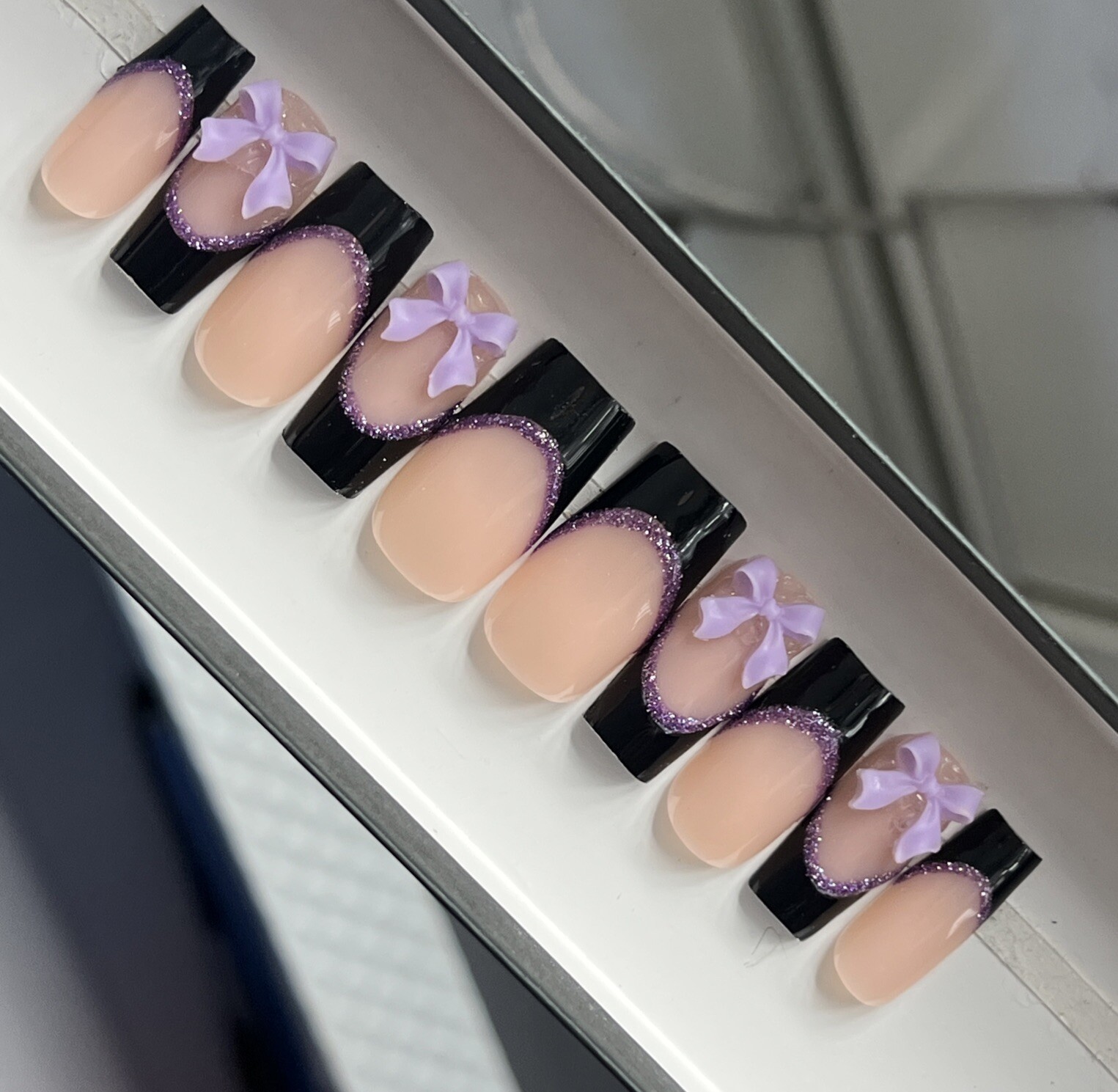 💜🖤 CUSTOM Press On Nails FRENCH BLACK PURPLE BOW BLING 10p SET W Kit