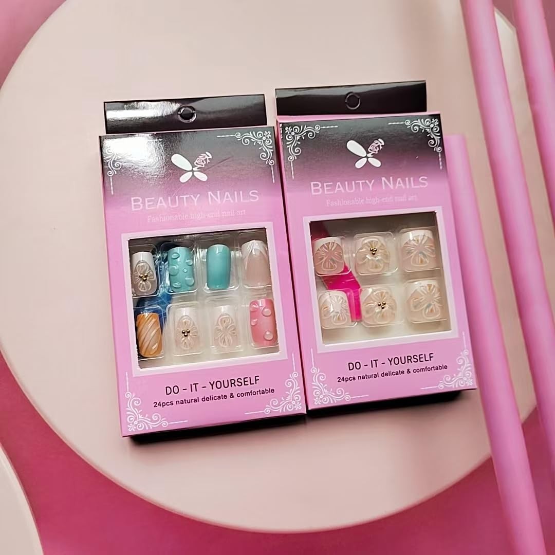 yefiuo Pink Press on Nails & Toenails Medium, & Orange & Blue