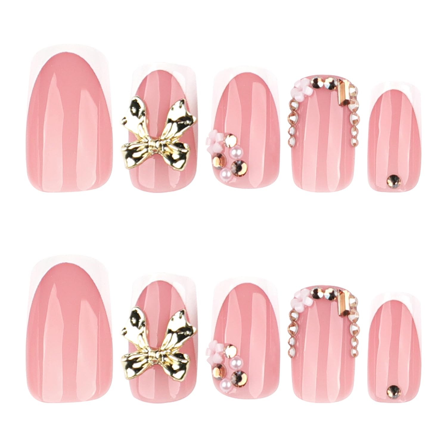 Spring French Press On Nails Medium Square Fake Nails Pink Full Cover False N…