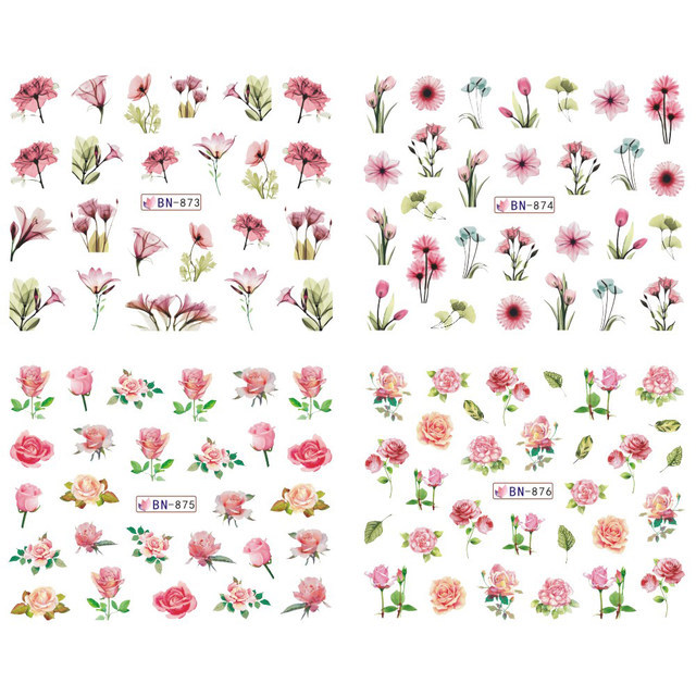 Nail Art Water Transfer Sticker Ink Flower Green Leaves Rose Bird Floral Decals