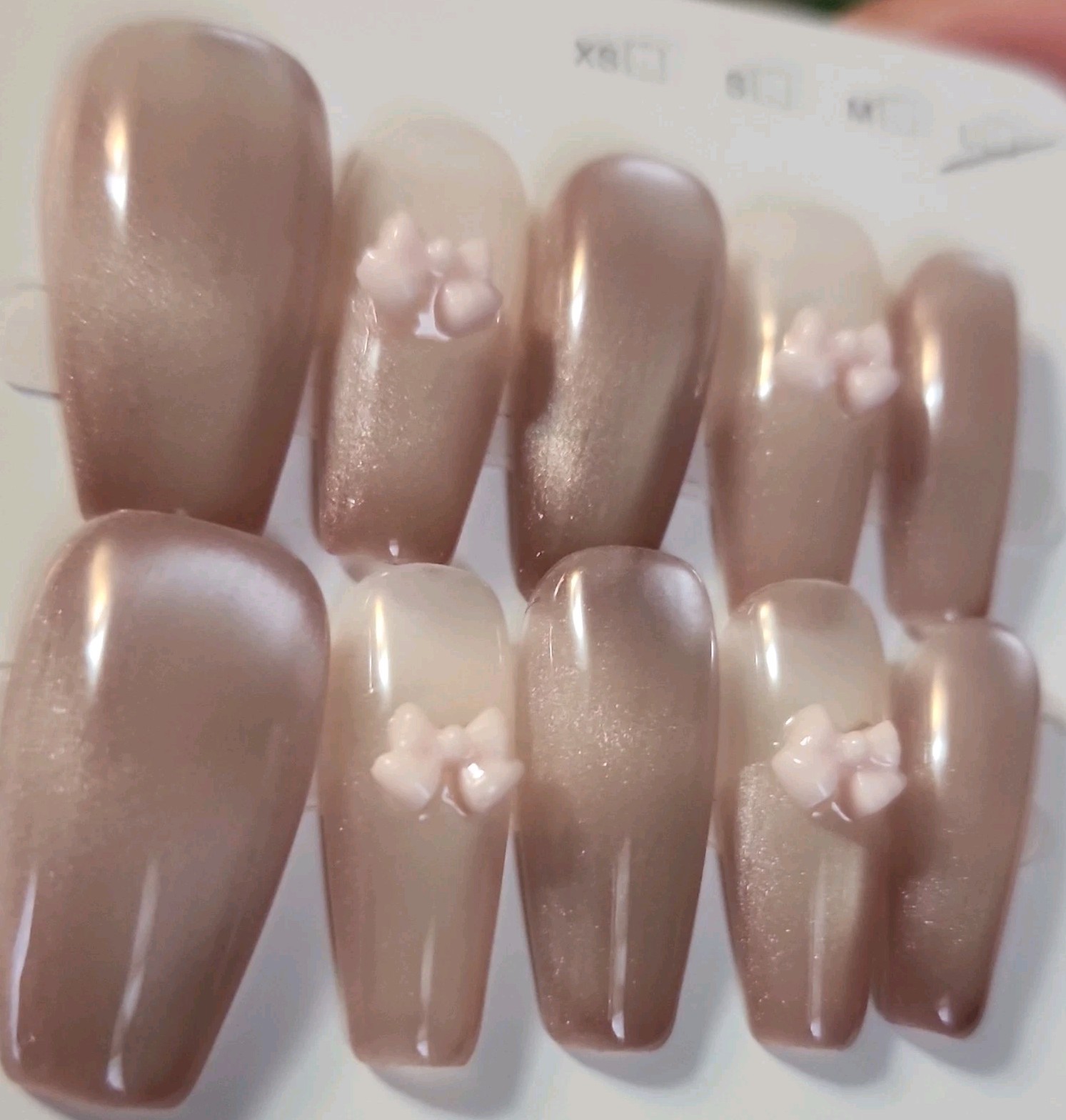 Press-On Nails Long Coffin Full Cover, Brown/Nude Shiny Pre-Designed Bows